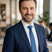 Портрет русского бизнесмена, уверенный взгляд, профессиональная фотосессия в студии, нейтральный фон.